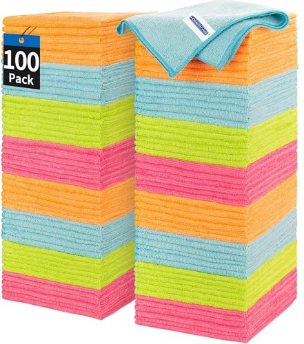 HOMERHYME Microfiber Cleaning Cloth, 100 Pack Cleaning Rags, 12 x 12 Shop Towels, Lint Free Reusable All Purpose Microfiber Towels for Cars Kitchen House Office Automotive