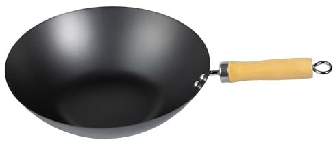 Jazooli Carbon Steel Wok Non Stick - Carbon Wok Cooking Pot with Wooden Handle, Large Frying Pan, Wide Flat Base, for Electric and Gas Hobs, 3 Sizes (25cm 2.5L, 30cm 3L, 35cm 5L)