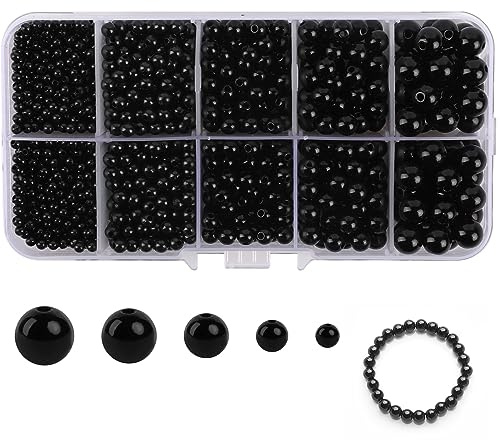 HsentimenH 1 750 stycken pysselpärlor, set, svart, små pärlor, 3/4/5/6/8 mm, pärlor med hål, runda pärlor för att trä upp, avståndspärlor, sömnad, pärlor för smyckestillverkning, halsband, armband