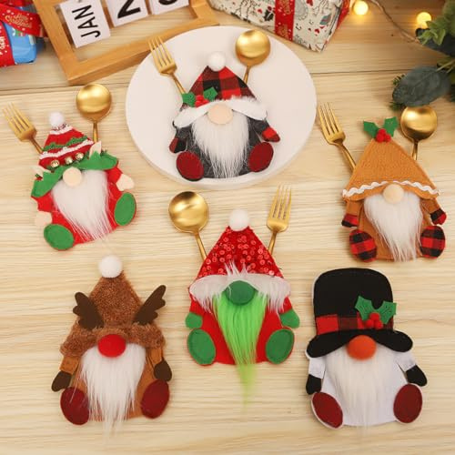 Portaposate Feltro Natale, 6 Pezzi Tasca per Posate Babbo Natale Gnomo Decorazioni da Tavola Natalizie, Coltelli Forchetta Cucchiaio Stoviglie Porta Posate per Decorazione Addobbi Tavolo Natalizio