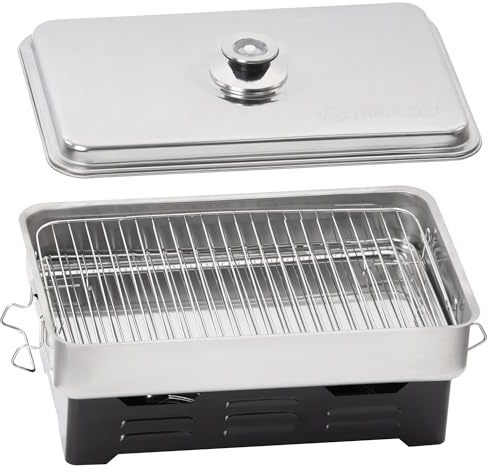 Mahlzeit Fumoir de Table en Acier Inoxydable - 47 x 27,5 x 20,5 cm - Kit Avec Thermomètre - Pour Poissons, Boîte à Fumage