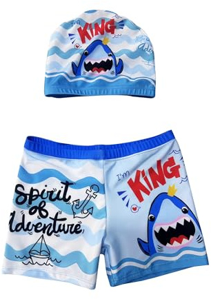 Costume Piscina Bambino, Costume Bambino Ragazzo, Cuffia Piscina e Pantaloncini, Set da 2 Pezzi (IT, età, 8 Anni, 9 Anni, Regular, Blu Chiaro, Squalo)