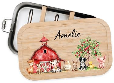 Bärenfreunde® - Personalisierte Brotdose für Kinder mit Spezial-Druck - Robuste Edelstahl Brotdose - Personalisierte Geschenke für Kinder & Erwachsene (Bauernhof,klein Weißblech)