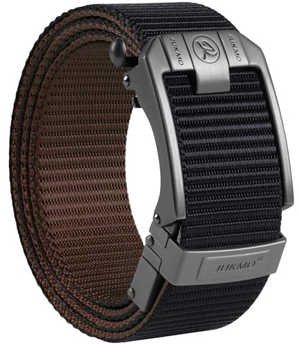 JUKMO Men's Reversible Ratchet Belt - 2 Styles in 1, No-Hole Adjustable Web Belt for Golf, Business & Everyday Wear Black/Coffee L