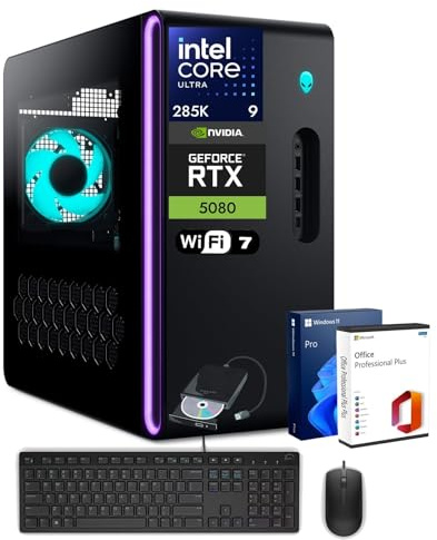 Alienware Aurora R16 Gaming Desktop PC – NVIDIA RTX 5080 GDDR7 16 GB – NPU – Intel Ultra 9 285K (bis zu 5,7 GHz) – Wi-Fi 7, Win11 Pro – 1000 W flüssigkeitsgekühlt (32 GB DDR5 | 2 TB SSD | HDD