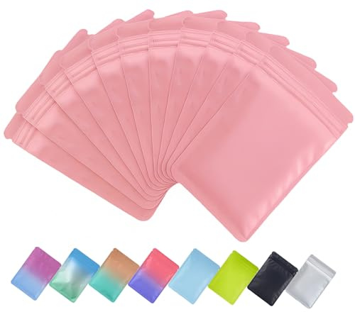 Plaphy 100 Bolsas Mylar de Aluminio Herméticas con Cierre Zip(Rosa,6x10cm) | Bolsas Zip Planas de Colores Mate, Bolsas de Embalaje para Organización y Almacenamiento de Alimentos y Productos Pequeños