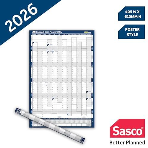 Sasco 2026 Compact Wall Planner – Portrait Year Calendar with Wet Wipe Pen & Stickers, 40.5x61cm, Blue – Calendar 2026 UK & ROI Holidays Marked – Convenient for Home or Study Areas