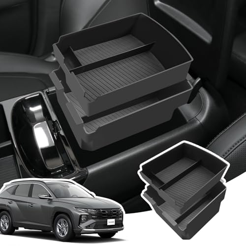 LANGBEAN 2Pcs Organizer Bracciolo per Hyundai Tucson NX4 2025 2026, Console Centrale Vano Portaoggetti con Tappeti Antiscivolo per Tucson NX4 (Cambio Elettronico)