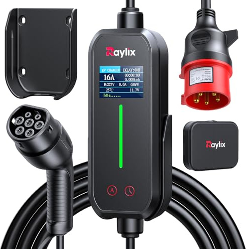 Raylix 2026 Neu 11kW Mobile Wallbox Typ 2 Ladekabel (5m 8A-16A 3-Phasig) mit Stromzähler & Einstellbarem Strom & Verzögertem Laden, Ladekabel CEE 16A auf Typ 2 und Ladestation Ladeziegel EV Charger