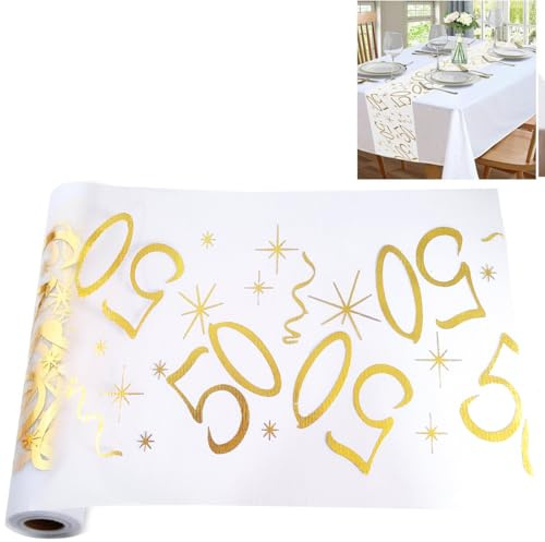 Ruayia bordslöpare 50-årsdag, bordsdekoration bordslöpare guld rulle 28 cm * 10 m, 50 års dekoration bordsdekoration årsdag, skärbar för kvinna man, bordsduk för årsdagsfest födelsedagsfirande