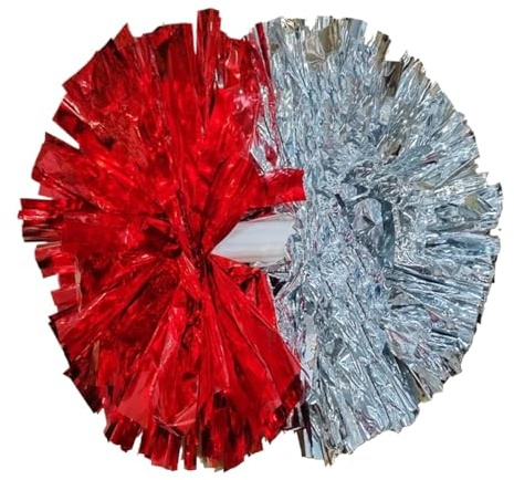 4 pezzi Pompon da cheerleading con manico 32 cm comodi Per Cheerleading(Red Silver)