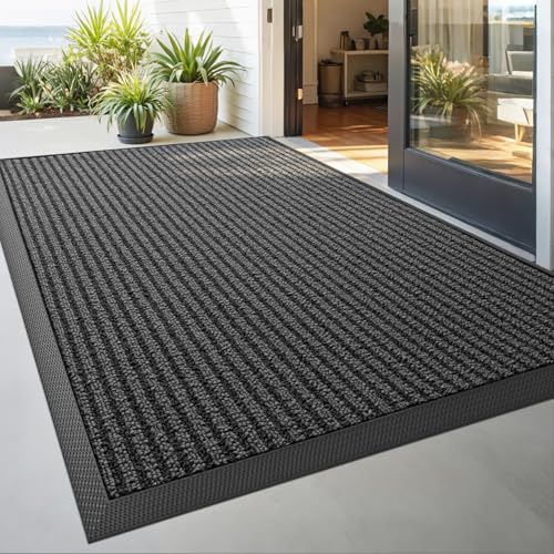 DEXI Felpudo Entrada Casa 90 x 150 cm, Felpudos Antideslizante y Atrapar Suciedad, Fácil de Limpiar, Alfombra Atrapapolvo Exterior e Interior para Puerta, Jardín, Gris Rayado