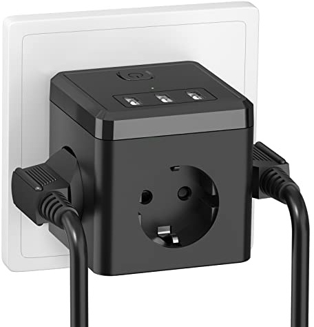 Steckdosenleiste mit USB Steckdose, Steckdosenadapter 6 in 1 Doppelstecker für Steckdose mit 3 USB - Schwarz