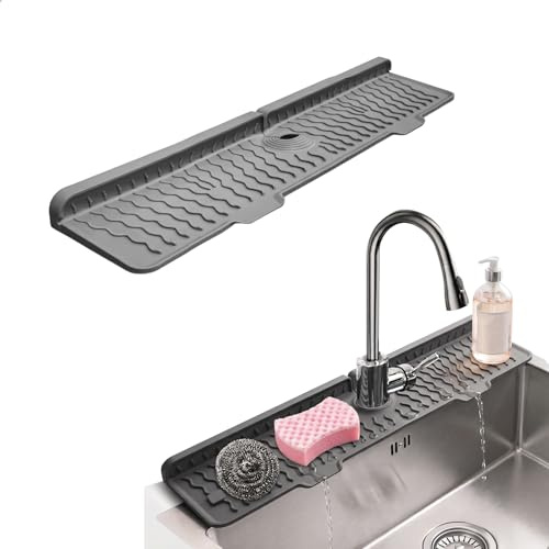 Tappetino per Rubinetto Cucina in Silicone,Paraspruzzi Lavello Cucina,Tappetino Lavello Cucina,Design Inclinato,Drenaggio Rapido,Adatto Cucina e Bagno Gocciolatoio per Lavello(Grigio, 60 cm)