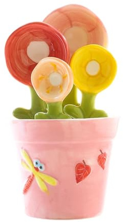 Cucharas medidoras de flores con olla, bonitas cucharas medidoras de cerámica, juego de utensilios de cerámica decorativos florales para cocina, ingredientes secos y húmedos, alimentos líquidos, sal y
