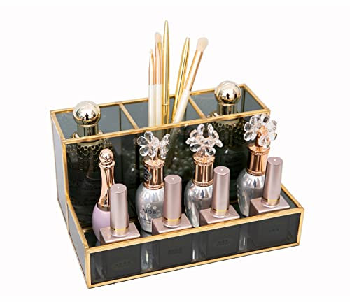 SLHEQING Gold Kosmetik Organizer Glas Pinselhalter, Schminkpinsel Aufbewahrung Spiegeltablett für Fundamente Lippenstift Nagellack Haarnadeln (Black A)