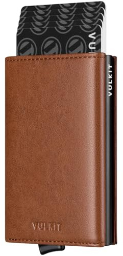 VULKIT Portafoglio da uomo Porta carte di credito Porta carte pop-up Porta carte in pelle con blocco RFID con scomparto per banconote e finestra per documenti d'identità