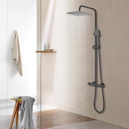 Duschsystem mit Thermostat KEOKBON Duschsäule mit Kopfbrause und Handbrause Eckig Duschkopf 25x25cm Regenbrause Verstellbarer Höhenverstellbare 810-1180mm Schwarz Matt Duscharmatur Komplettset