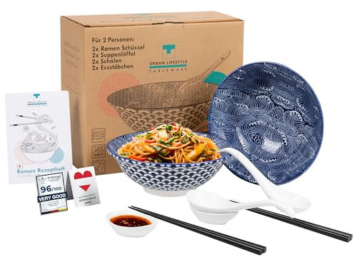 Urban Lifestyle – Ramen Schüssel Set 8-teilig aus Porzellan 1 L · Für 2 Personen mit Schüsseln, Dip-Schälchen, Ramen Löffeln & Stäbchen · Ideal für Nudeln, Udon, Pho & Salat · Ramen Bowl (Seigaiha)