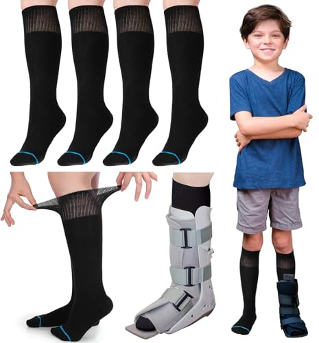 ShinyMatch 4 Pairs Kids Replacement Sock Liner for Walking Boots Cast Socks Compatible with Aircast Walker Brace for Kids(Black)