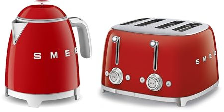 Smeg 50’s Style Retro Range Breakfast Set, 0.8L 1400W Mini Kettle and Multi-Functional Control 4-Slice 2000W Toaster, Red, KLF05RDUK/ TSF03RDUK