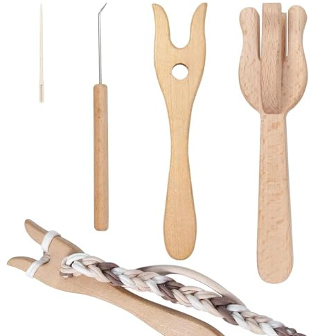 Krujecnt Wooden Knitting Tools, 4 Pieces Braided Tools for Knitting Crafts, Fork Type Wooden Knitting Fork Tools and Big Eye Needle Set, Weaving Crochet Needle Weaving Tools for Bracelet Necklace