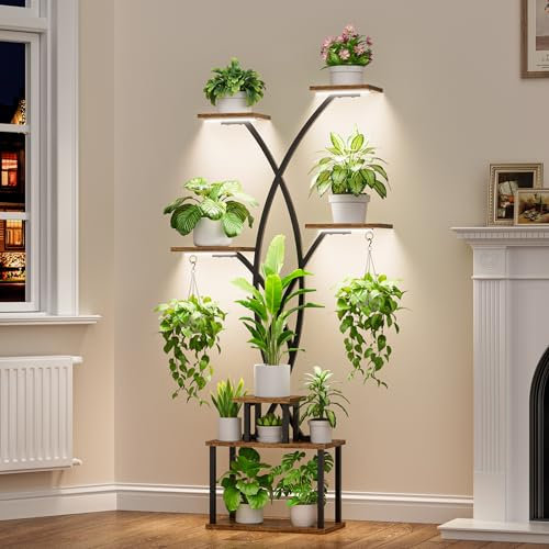 POZILAN Supporto per fiori con luce, 167 cm, scaffale per piante in legno e metallo, 7 livelli, scala per piante nera, supporto per fiori per esposizioni, plantari per interni per terrazza, giardino e