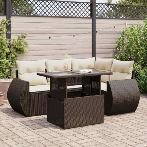 Rantry Set Divano da Giardino 5 pz con Cuscini Marrone in Polyrattan, Set Divano Letto Sofà Soggiorno Divanoletto, Set Divano Moderno Divani per Esterno da Giardino, Esterno Arredamento MODEL3326634