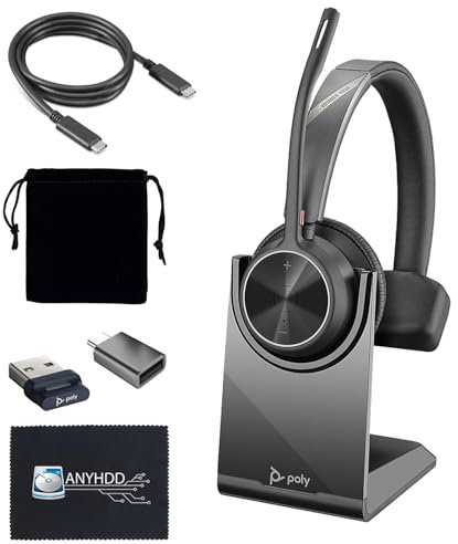 Poly Voyager 4310 UC Wireless Headset + Ladeständer - Anschluss an PC/Mac & Handy, Einohr-Headset mit Mikrofon + Ladestation + USB-A-auf-C-Adapter + USB-C-Kabel + Tasche + Mikrofasertuch