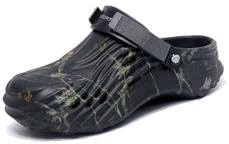 MEIAGDT Zuecos de jardín para hombre, antideslizantes, impermeables, ligeras, para verano, con correa trasera ajustable, para el hogar, playa, camping, diseño de árbol, Negro -, 44.5 EU