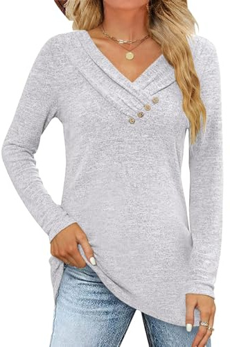 Fisoew T-Shirt à Manches Longues pour Femme - Col en V - Bouton - Sweatshirt Ample - Hauts d'automne - Tunique, Gris Clair, L