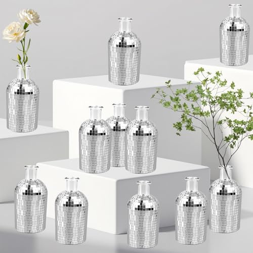 CONEHOY 12 Pcs Disco Ball Mini Vase 5 inch Silver Mirror Small Glass Bud Planter Disco Ball Vase for Home Bedroom Kitchen Office Indoor Outdoor Wedding Birthday Flower Plant Decoration