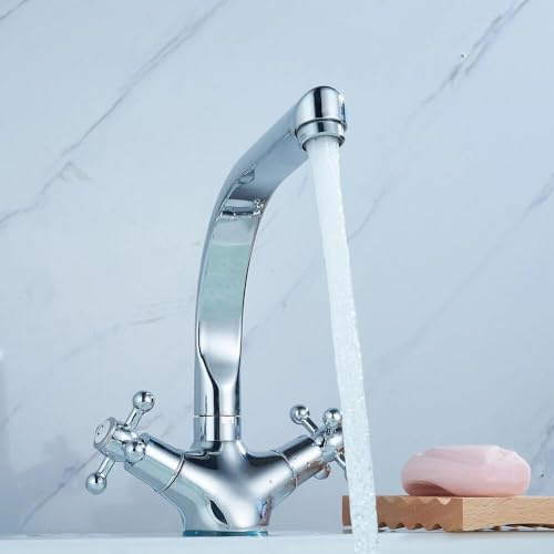ROGONPDK Doppelhebel Waschtischarmatur | Retro Waschtischbatterie Zweigriff | Cross Bad Mischbatterie Waschtisch | Armatur Zweigriffmischer Waschbecken | Wasserhahn Messingkern Chrom mit 2 Schläuche