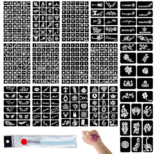 Zeaying 15 Pièces Kits Pochoir Tatouage, Reusable Henna Stencils,Temporary Tattoo Stencils Set, Autocollants de Tatouage Réalistes, Glitter Tattoo Stencils for Women and Kids plusieurs modèles