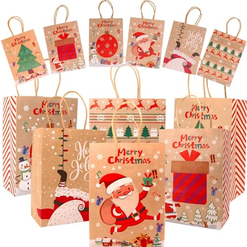 Bolsa Regalo Navidad, 12 Piezas Bolsas de Regalo con Asa, Bolsas de Papel Kraft, Bolsas de Navidad de Papel, para Fiesta de Envolver Regalos, 21 x 15 x 8 cm