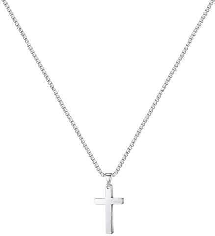 Pevlkawr Collar Cruz Hombre Acero Inoxidable 316L Colgante Cruz Cristiana 30x18 mm Cadena 60 cm Regalo Unisex Joyería para Hombre Plata