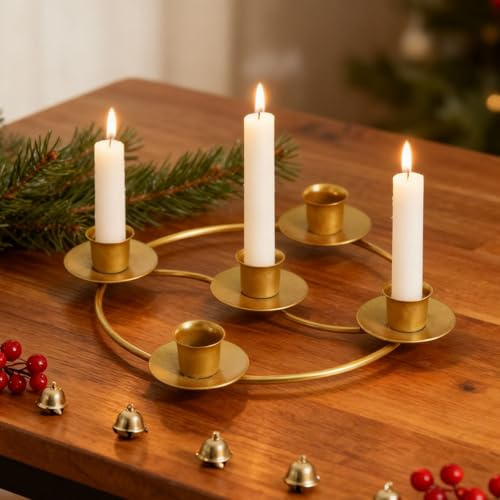 Advent Wreath Candle Holder, Round Advent Candle Holders for 5 Candles Advent and Christmas Decorations, Gold Metal Ring Candles Stand for Table Church Home (Gold-B)