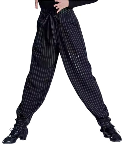 GIJMZY Byxor för män, eleganta randiga latindansbyxor för barn, svarta dansbyxor för barn, Cha Cha/Rumba/Samba-byxor med snörning i midjan (Black Stripes Pant, 170 cm)