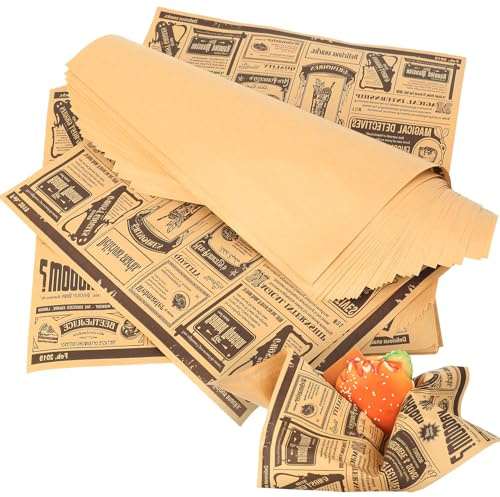 100 Blätter Backpapier Zeitungsoptik, Käsepapier, Hamburgerpapier, Hamburger Papier, Deli Fettdichte Papierblätter für Burger Buns Burger Pommes Butterbrot Käse Fingerfood Zubehör(25x25cm)