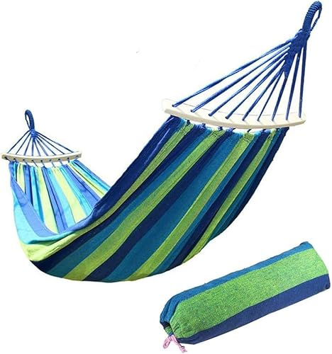 Amaca da giardino con barre di diffusione in legno e borsa per il trasporto, amaca portatile a righe in tela traspirante, perfetta per patio, cortile all'aperto (190 cm x 100 cm, blu)