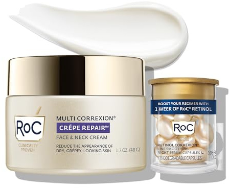 RoC Crepe Repair Anti Aging Daily Face Moisturizer & Neck Firming Cream (1.7 oz) + RoC Retinol Wrinkle Smoothing Capsules (7 CT), Skin Care Routine for Women and Men