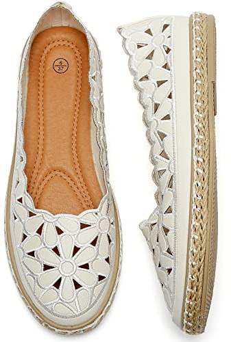 HEAWISH Women's PU Leather Ballet Flats Espadrille Loafers, White, 9