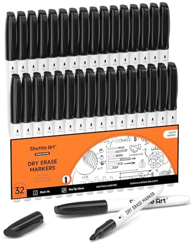 Shuttle Art Dry Erase Markers, 32 Pack Black Whiteboard Markers,Fine Tip Dry Erase Markers for Kids,Perfect for Writing on Whiteboards, Dry-Erase Boards,Mirror,Calender,School Office Supplies