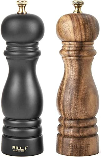 Bill.F Salt and Pepper Grinder Set, Wood Pepper Mill Set of 2 Manual Salt Pepper Shakers Grinder Refillable 7 Inch with Adjustable Ceramic Grinding Rotor（Black and Wood Color）