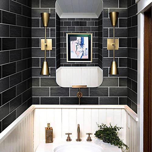 54Pcs Alwayspon Wall Tile Transfers Sticker for Home Decor, Peel & Stick self-Adhesive splashback, Stick On Tile Decals for Living Room Kitchen Bathroom Decor, Black Stone Brick