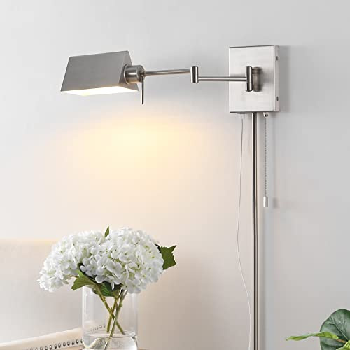 Eyely EYL6015C Allie 22 1-Light Single Swing Arm Plug-in/Hardwired Iron LED Wall Sconce, Pull-Chain, Traditional, Farmhouse, Industrial, Modern for Bedroom, Living Room, Office, Nickel