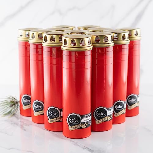 Hofer Lot de 12 grandes bougies funéraires avec couvercle Rouge Durée de combustion 120 à 140 heures Bougies de condoléances avec couvercle Bougie funéraire Bougie de cimetière Bougies pour décoration