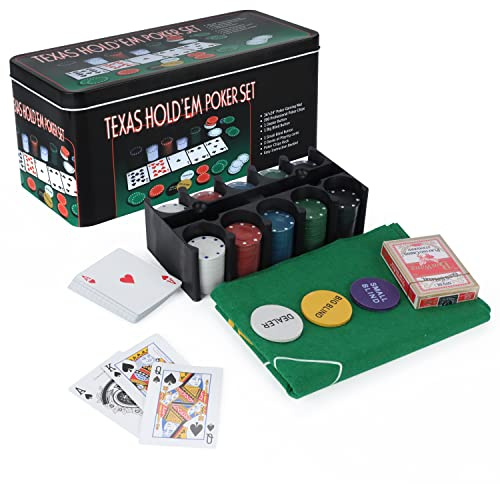 JUNGLE STONE 200 Piece Poker Set Casino Style Game Texas Hold'em Poker and Blackjack Game with Felt Double Side Mat, Chips, Chip Deck, Playing Cards and Metal Tin Gift Box