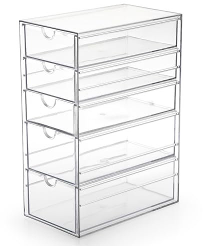 SUMTree Clear Hair Accessory Organizer Box with 5 Drawers, Plastic Hair Accessory Organizer Box, Hair Accessory Container for Bathroom, Closet, Desk, Office, 25×17×10cm