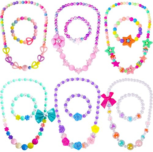 BigOtters Little Girls Necklace Bracelet, 6 Sets Lovely Colorful Beads Jewelry Princess Dress up for Toddlers Pretend Play Party Costume, Party Favors Bags for Kids